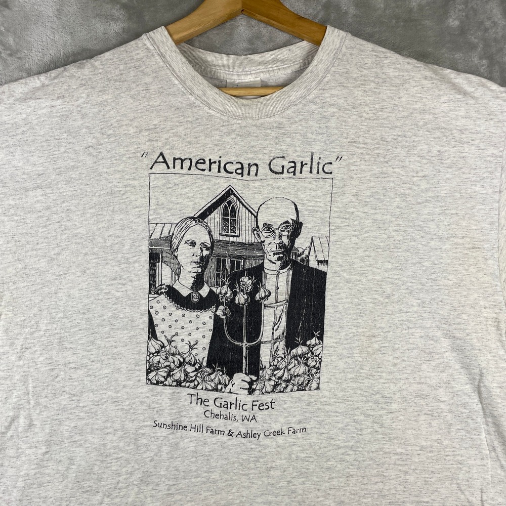 Vintage American Gothic Art Tshirt Mens Large Y2K 90s Garlic Comedy Artist Tee